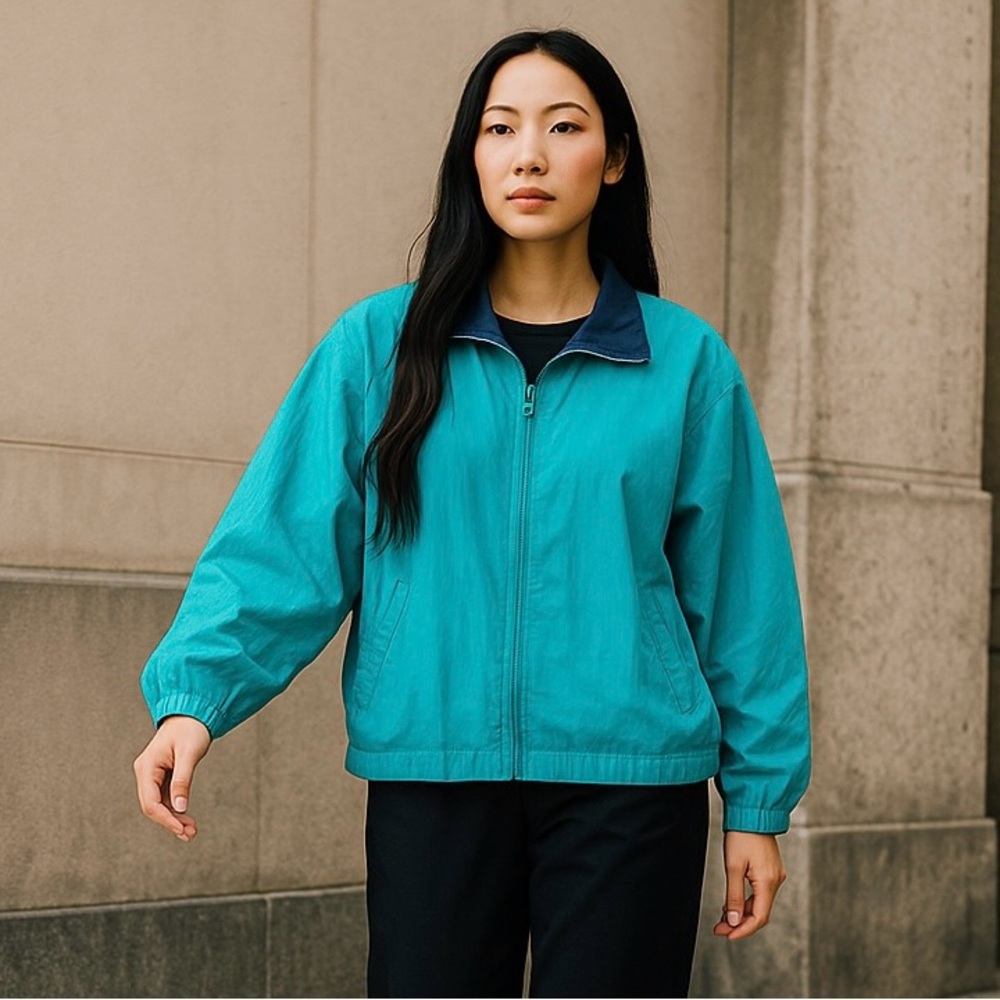 Jacket Windbreaker Totes Blue Teal  2 Pockets Zipper Wrist Cuff Lightweight